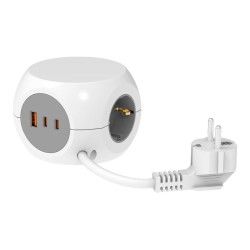 Base múltiple combiball con 3 tomas schuko 16 a + 1 usb a + 2 usb c, 30 w, blanca