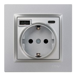 Base enchufe schuko + usb a + c 10,5 w 16 a 250 v~, simon 10, aluminio