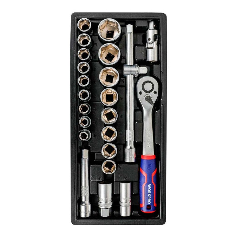 Llave de carraca y vasos ½ pulg, juego 24 piezas, métrico