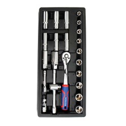 Llave de carraca y vasos 3/8 pulg, juego 23 piezas, métrico