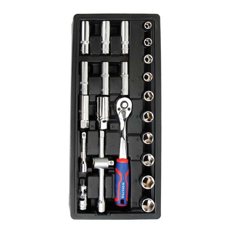 Llave de carraca y vasos 3/8 pulg, juego 23 piezas, métrico