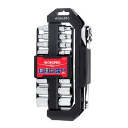 Llave de carraca y vasos 3/8 pulg, soporte giratorio, juego 20 piezas, métrico-sae