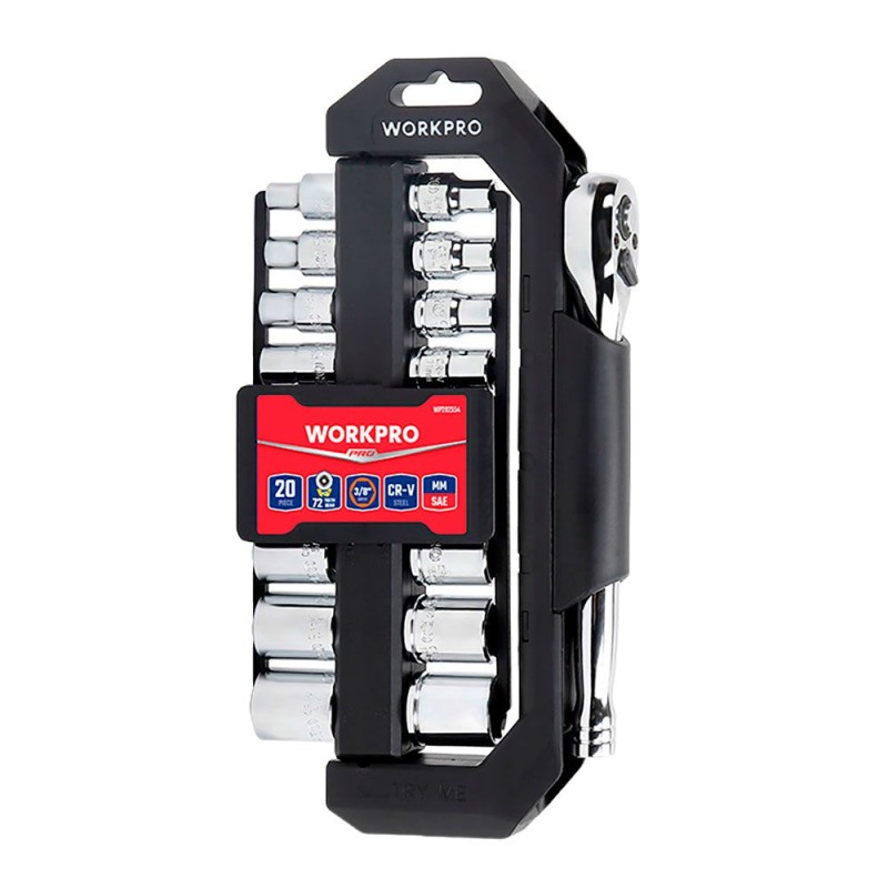 Llave de carraca y vasos 3/8 pulg, soporte giratorio, juego 20 piezas, métrico-sae