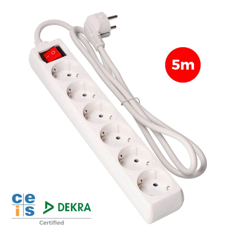 Prolongador con 6 tomas 2p+t, 16 a 250 v de cable h05vv-f 3g + interruptor luminoso 5 m.