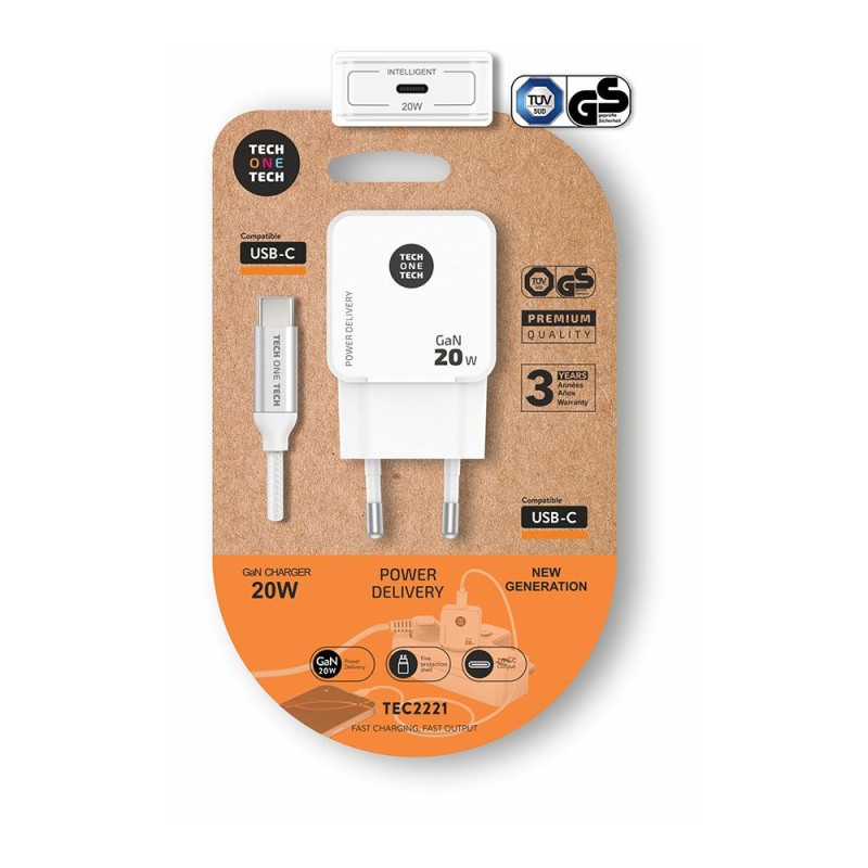 Cargador rápido gan 20 w + cable usb-c blanco