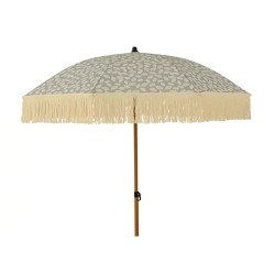 Parasol para jardín, verde con diseño de hojas y flecos beige, ø180 x 215 cm