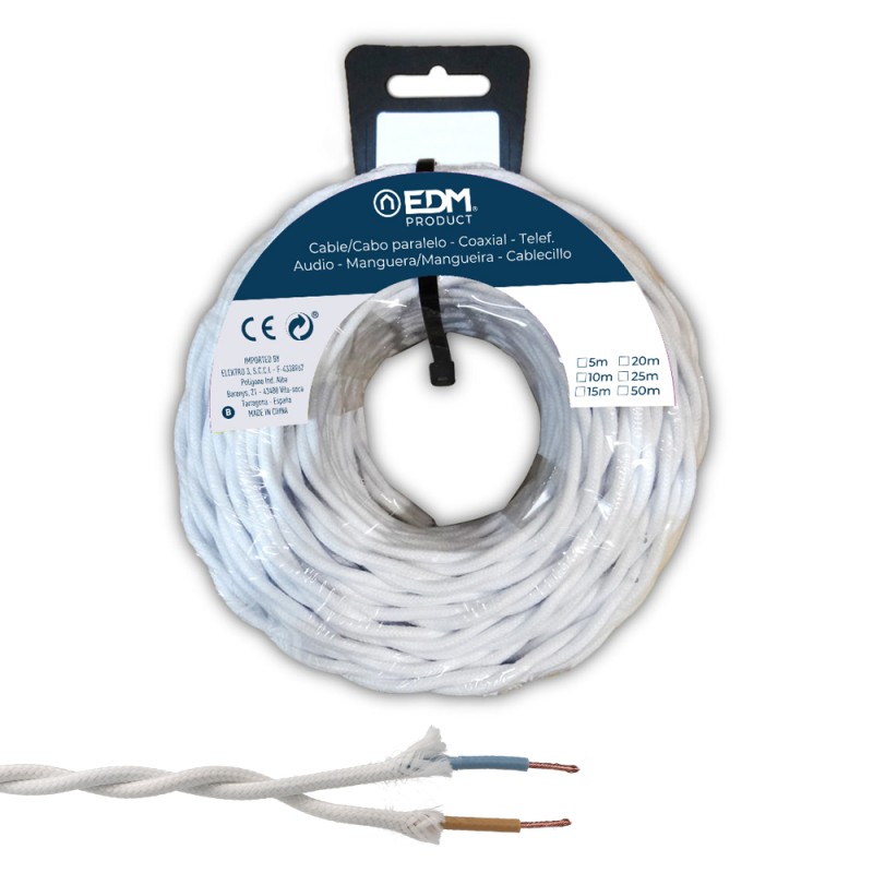 Carrete cable paralelo textil trenzado h05vv-f 2 x 1,50 mm blanco, 5 m