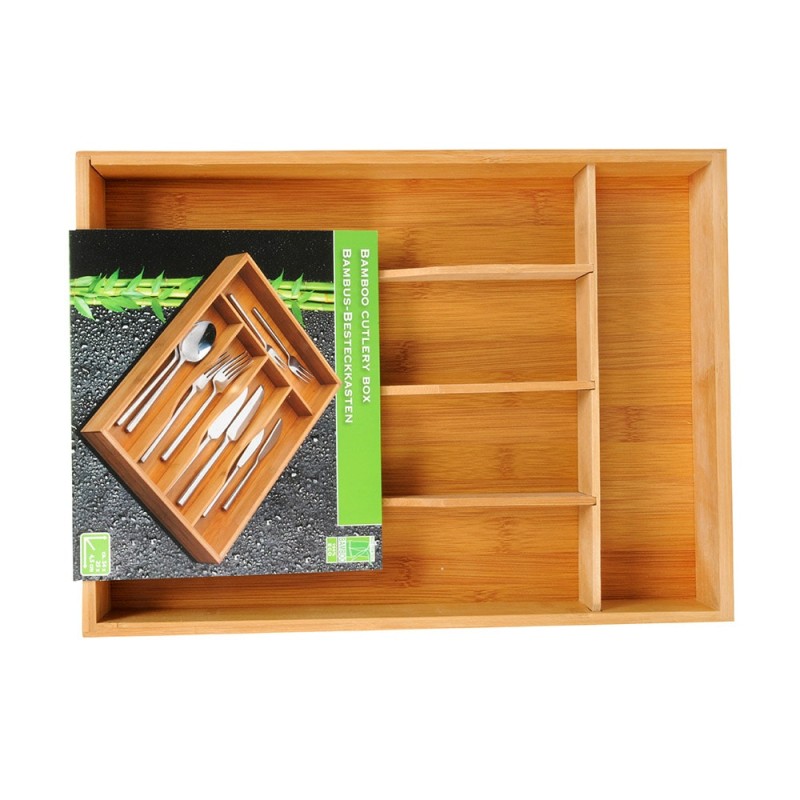 Organizador de cubiertos extensible de bambú con 6 compartimentos 35 x 25-39,2 x 4,5 cm