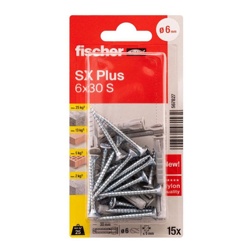 Tacos sx plus sk nv ø6 x 30 mm + tornillos ø4,5 x 40 mm, blister 15 uds